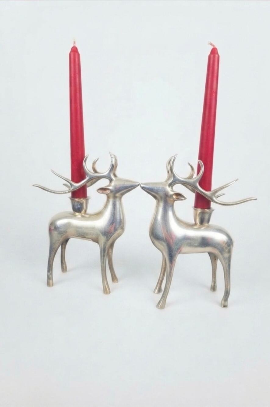 Set 2, Pottery Barn Silver Plate Reindeer Taper Candle Holder Christmas Heavy 8”